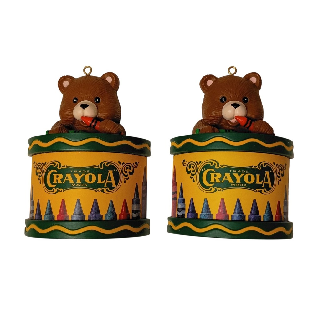 2 Vintage 1992 Crayola‎ Crayons Teddy Bear 3 1/4" Hanging Ornament Hallmark Keep